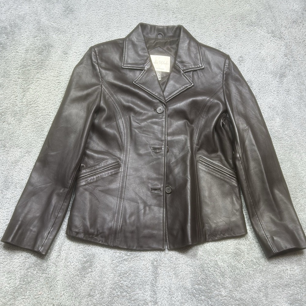 Vintage Studio Works Leather Jacket Women's PM Petite Black Coat Buttons Blazer
